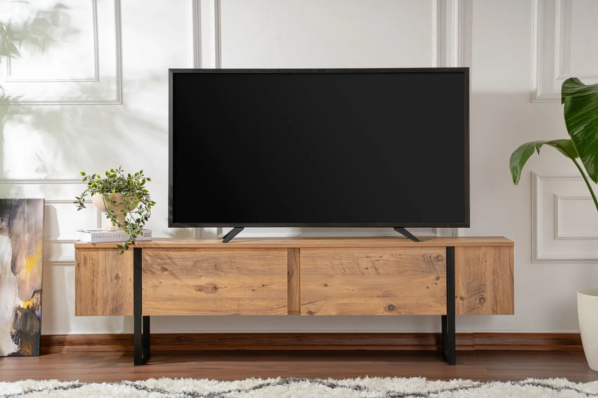 TV-Schrank Serenity aus melaminbeschichteten Holz in Atlantik-Kiefer und Schwarz, 180×29,5×50 cm von Hanah Home – Bild 2