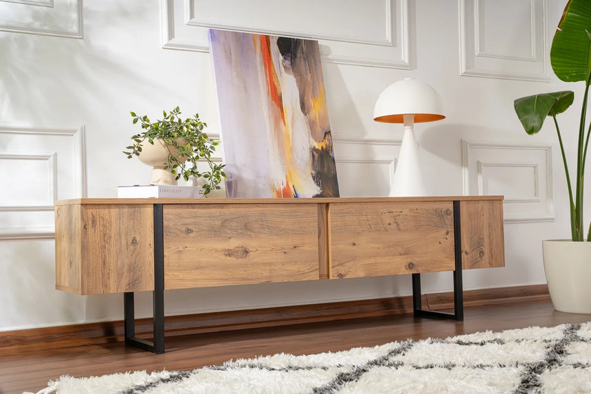 TV-Schrank Serenity aus melaminbeschichteten Holz in Atlantik-Kiefer und Schwarz, 180×29,5×50 cm von Hanah Home – Bild 4