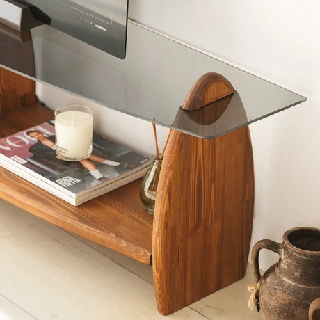 TV-Schrank Surf aus Kiefernholz und gehärtetem Glas in Kastanie und Rauch, 160×35×45 cm von Hanah Home – Bild 5
