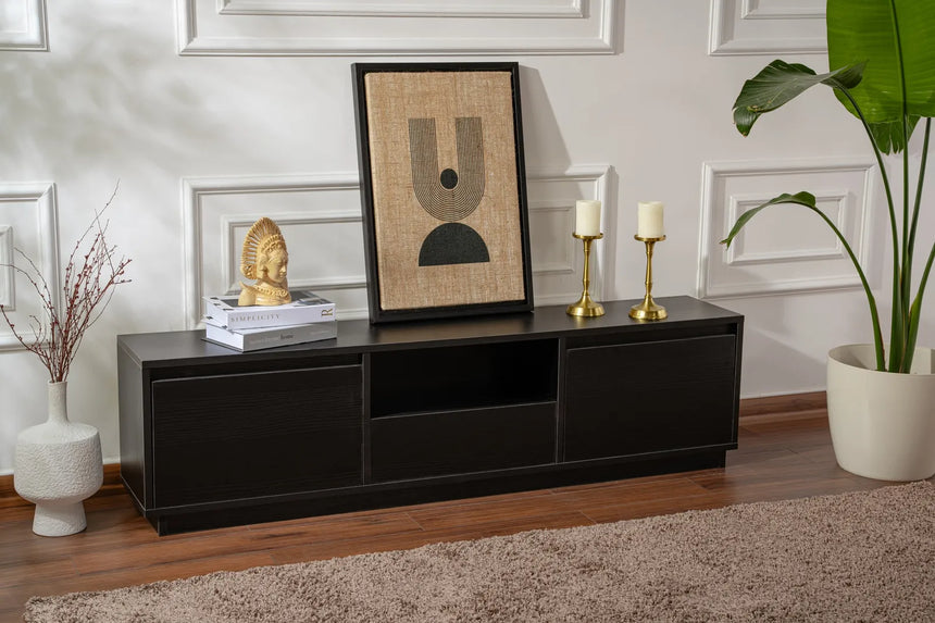 TV-Schrank Vanguard aus melaminbeschichteter Spanplatte in Holzschwarz, 160×29,5×42 cm von Hanah Home – Bild 4