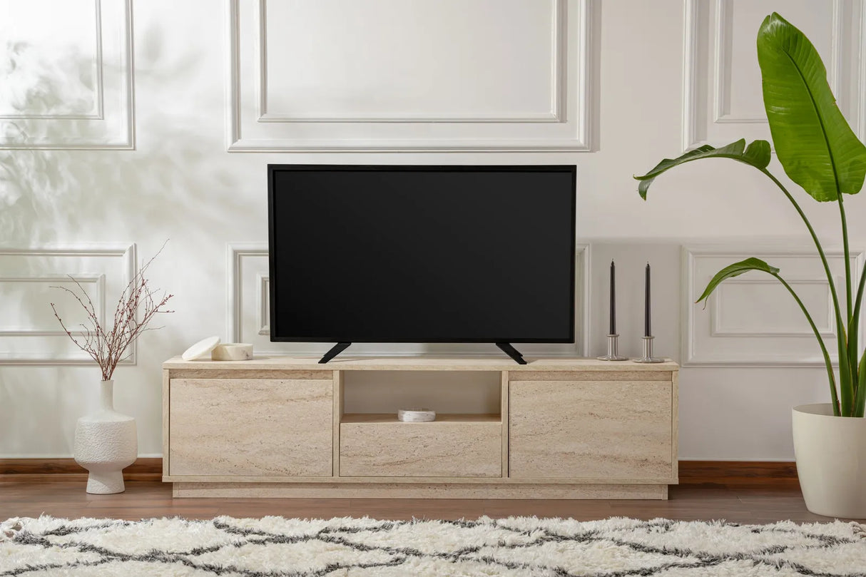 TV-Schrank Vanguard aus melaminbeschichteter Spanplatte in Travertin, 160×29,5×42 cm von Hanah Home – Bild 2
