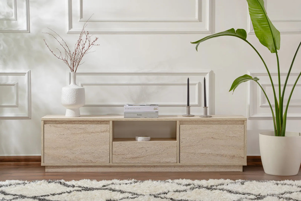 TV-Schrank Vanguard aus melaminbeschichteter Spanplatte in Travertin, 160×29,5×42 cm von Hanah Home – Bild 3