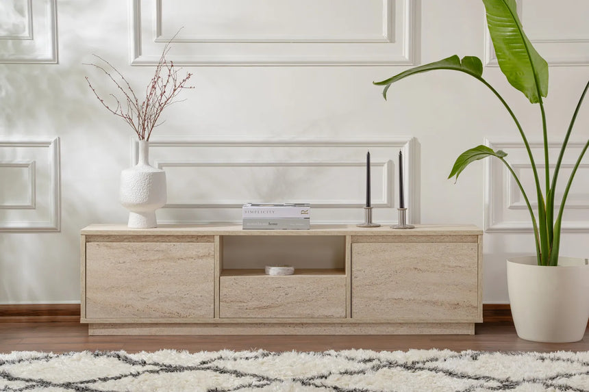 TV-Schrank Vanguard aus melaminbeschichteter Spanplatte in Travertin, 160×29,5×42 cm von Hanah Home – Bild 3