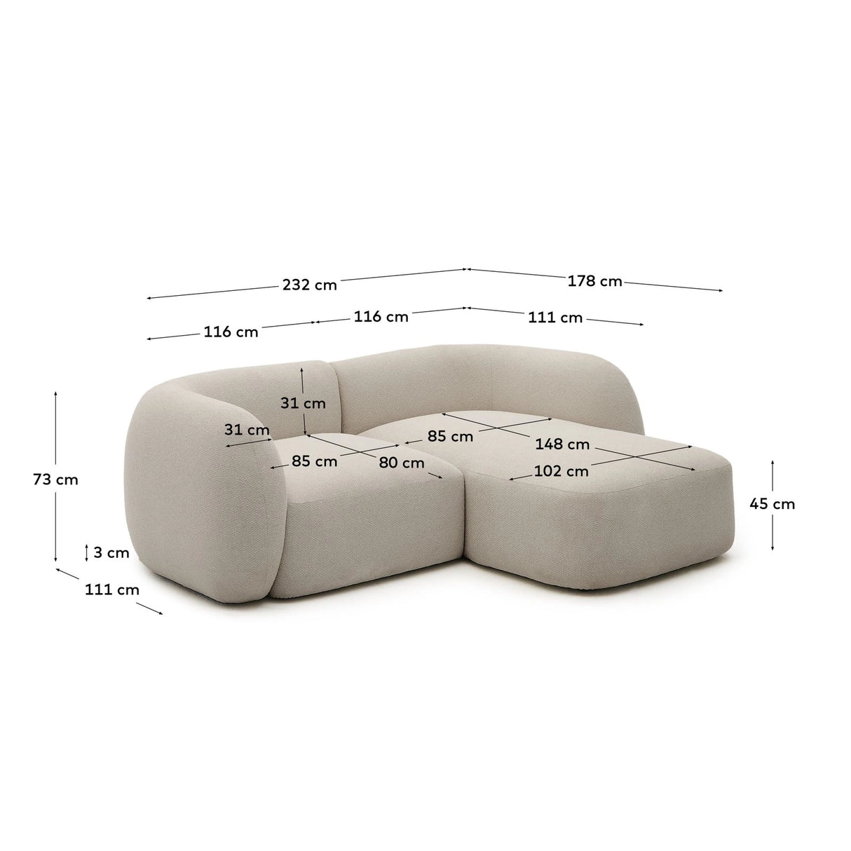 2-Sitzer-Modularsofa Martina mit Chenille und Chaiselongue rechts in Steinton 230 cm von Kave Home – Bild 3