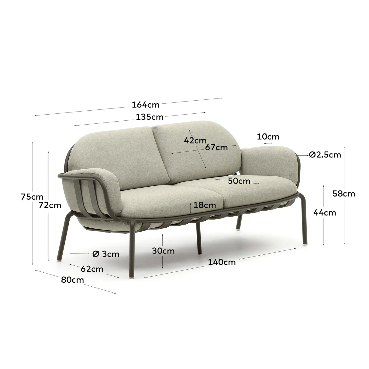 2-Sitzer-Outdoor-Sofa Joncols mit Bezug in Beige aus Aluminium mit grau lackiertem Finish 164 cm von Kave Home – Produktbild 2