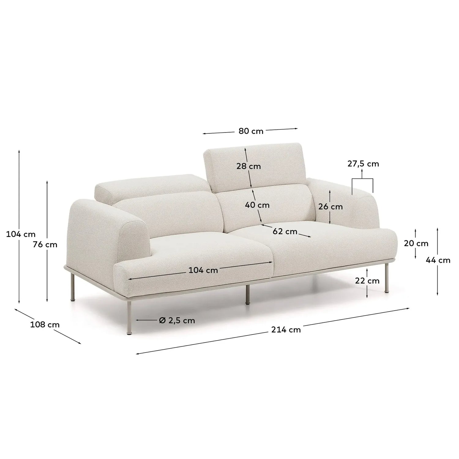 2-Sitzer-Sofa Aurum aus ecrufarbener Chenille mit verstellbarem Kopfteil und mattbeiger Metallbasis 210 cm FSC Mix Credit - ZEN ZONE Furniture