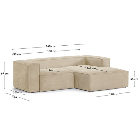 2-Sitzer-Sofa Blok mit dickem Cord in Naturfarbe und Chaiselongue rechts 240 cm FSC Mix Credit von Kave Home – Produktbild 2