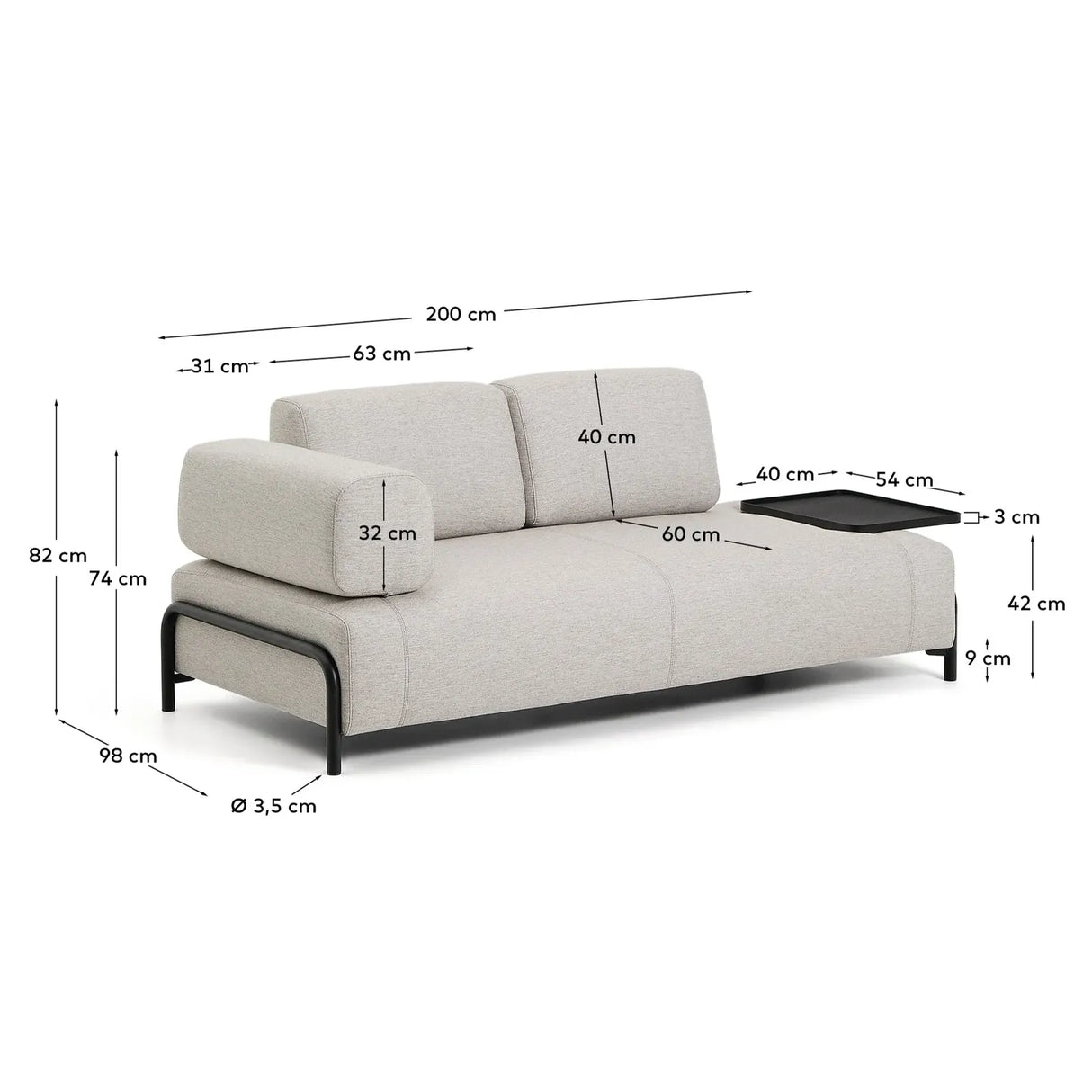2-Sitzer-Sofa Compo in Graubeige mit großem Tablett und schwarzem Metallgestell 200 cm FSC Mix Credit - ZEN ZONE Furniture