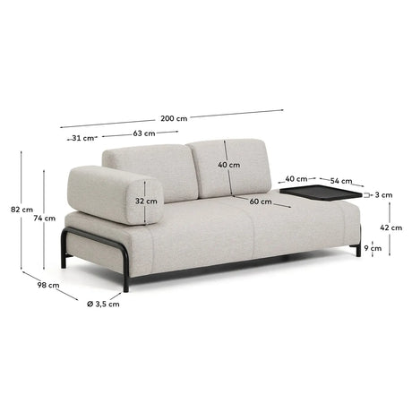2-Sitzer-Sofa Compo in Graubeige mit großem Tablett und schwarzem Metallgestell 200 cm FSC Mix Credit - ZEN ZONE Furniture