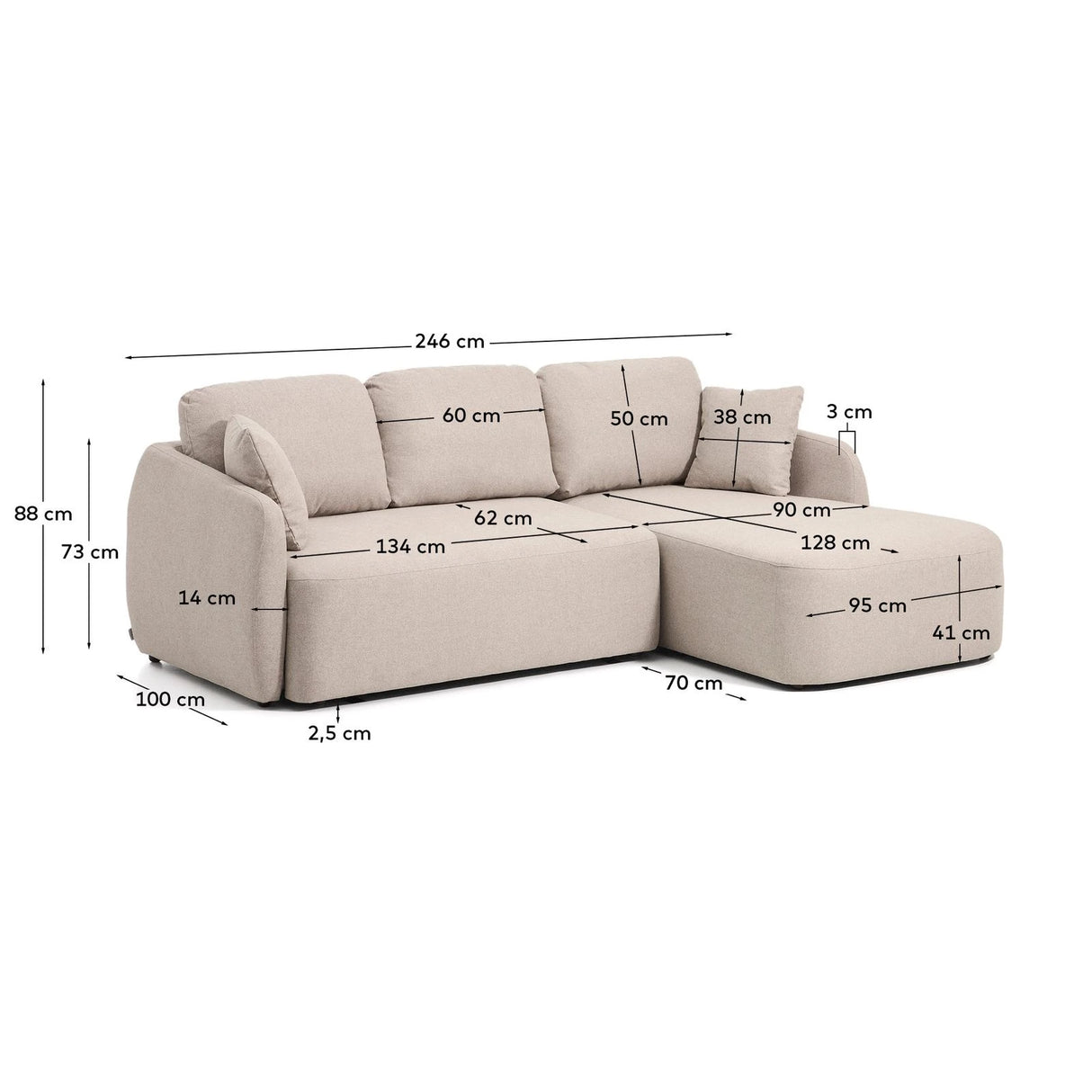 3-Sitzer-Bettsofa Laira in beiger Chenille und Chaiselongue rechts, 246 cm, FSC Mix Credit von Kave Home – Produktbild 4