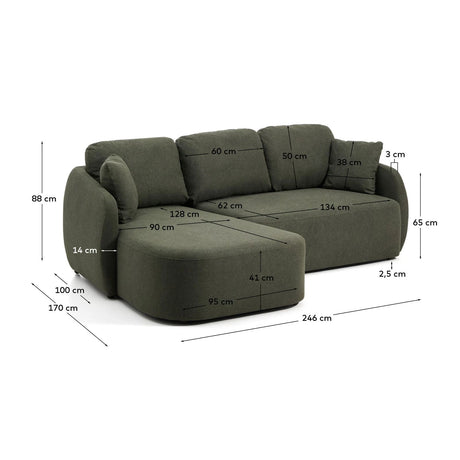 3-Sitzer-Bettsofa Laira in dunkelgrüner Chenille und Chaiselongue links, 246 cm, FSC Mix Credit von Kave Home – Produktbild 4