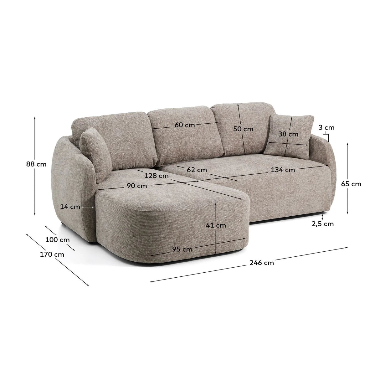 3-Sitzer-Bettsofa Laira in taupefarbener Chenille und Chaiselongue links, 246 cm, FSC Mix Credit von Kave Home – Produktbild 4
