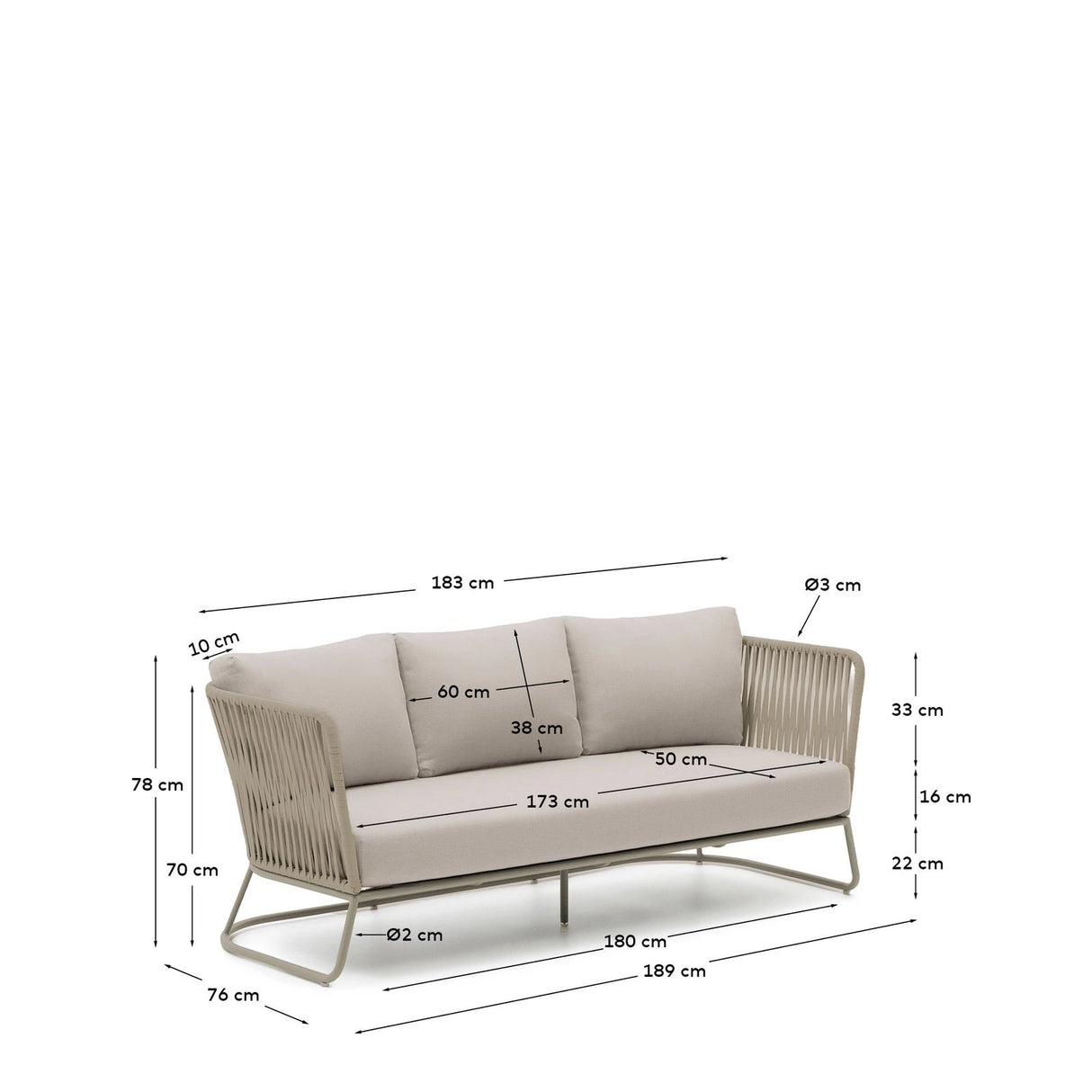 3-Sitzer-Outdoor-Sofa Saconca aus Seil und beige verzinktem Stahl 189 cm von Kave Home – Bild 2