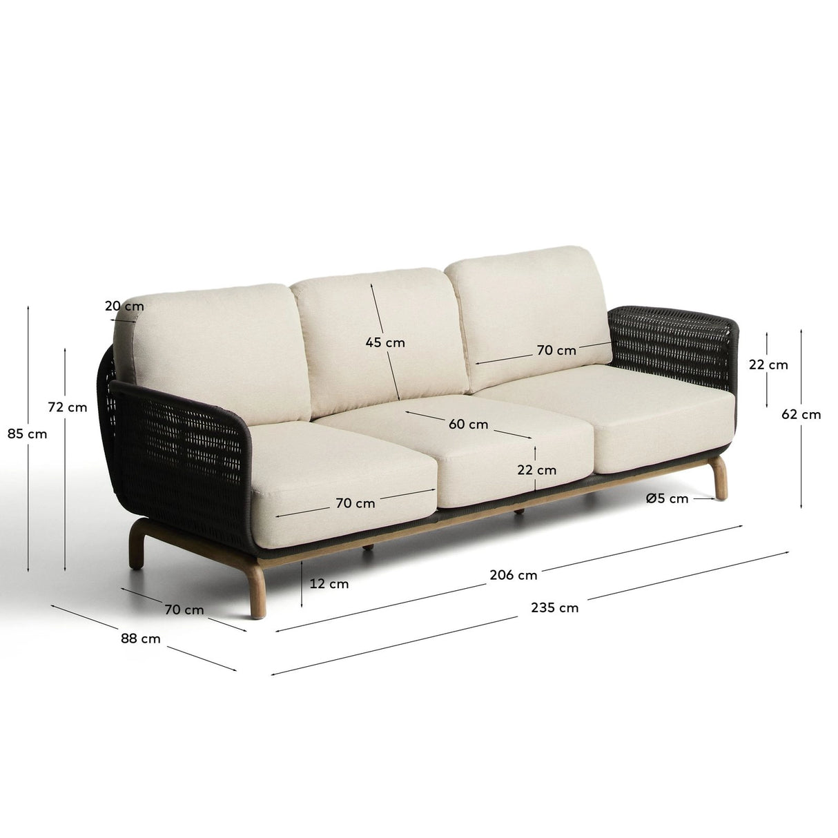 3-Sitzer-Sofa Alipa aus massivem Akazienholz und dunkelgrauem Seil, 235 cm von Kave Home – Bild 4
