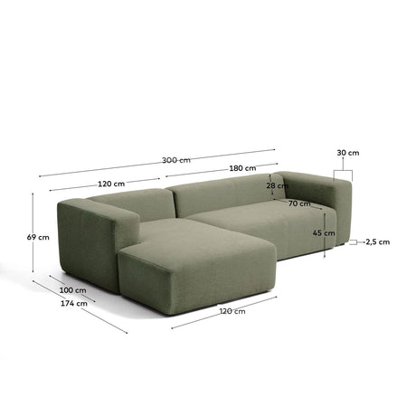 3-Sitzer-Sofa Blok mit Chaiselongue links in moosgrüner Chenille, 300 cm, FSC Mix Credit von Kave Home – Bild 3