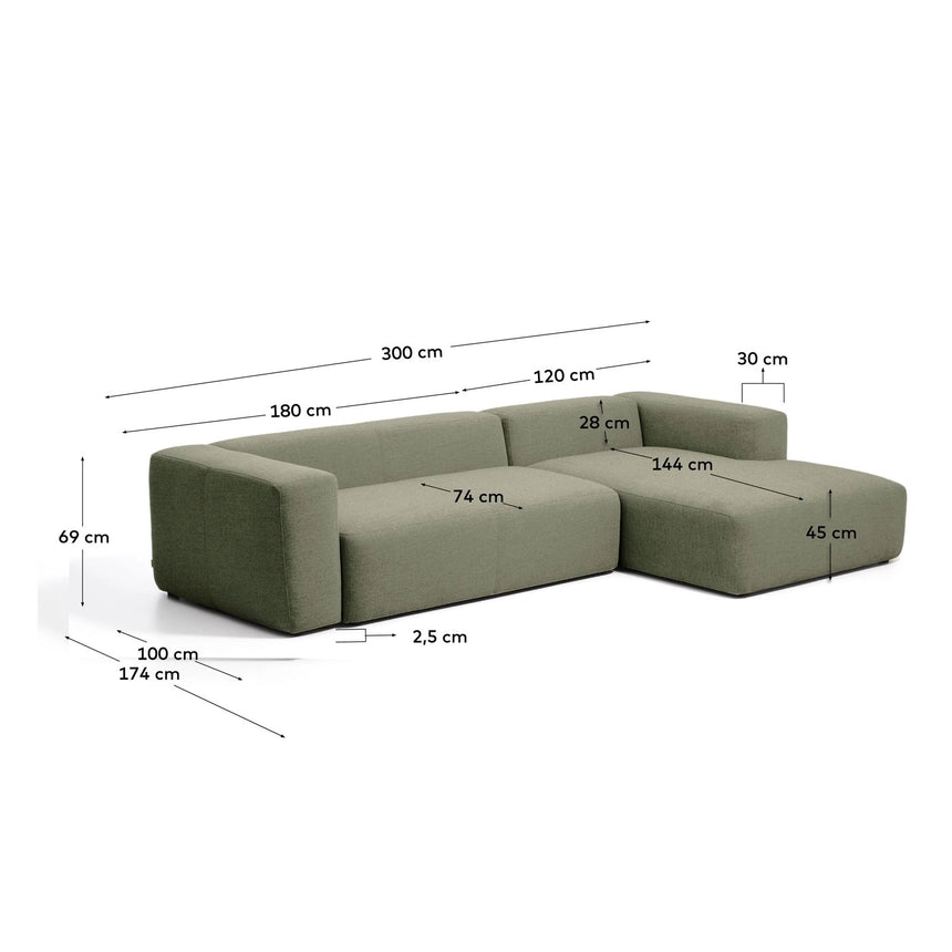 3-Sitzer-Sofa Blok mit Chaiselongue rechts in moosgrüner Chenille, 300 cm, FSC Mix Credit von Kave Home – Bild 3