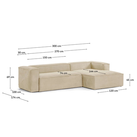 3-Sitzer-Sofa Blok mit dickem Cord in Naturfarbe und Chaiselongue rechts 300 cm FSC Mix Credit von Kave Home – Produktbild 2