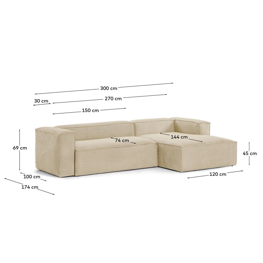 3-Sitzer-Sofa Blok mit dickem Cord in Naturfarbe und Chaiselongue rechts 300 cm FSC Mix Credit von Kave Home – Produktbild 2
