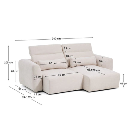 3-Sitzer-Sofa Lares mit elektrisch ausfahrbaren Sitzen und verstellbarer Kopfstütze in beiger Chenille, 240 cm von Kave Home – Produktbild 6