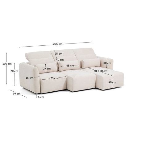 3-Sitzer-Sofa Lares mit elektrisch ausfahrbaren Sitzen und verstellbarer Kopfstütze in beiger Chenille, 255 cm von Kave Home – Produktbild 6