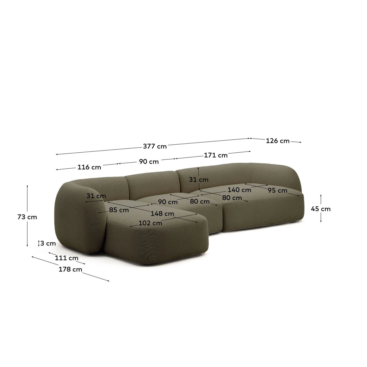 4-Sitzer-Modularsofa Martina mit Chenille und Chaiselongue links 377 cm von Kave Home – Bild 3