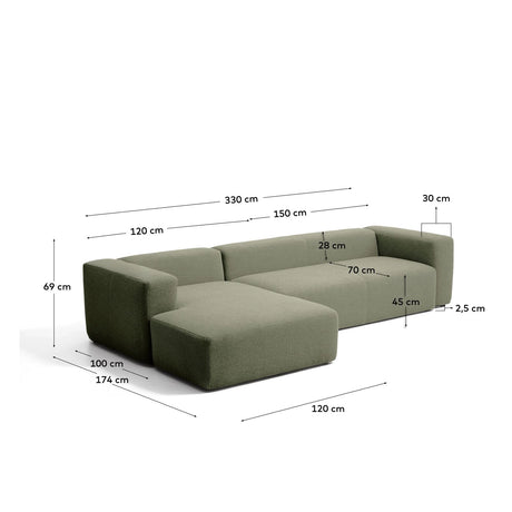 4-Sitzer-Sofa Blok mit Chaiselongue links in moosgrüner Chenille, 330 cm, FSC Mix Credit von Kave Home – Bild 3