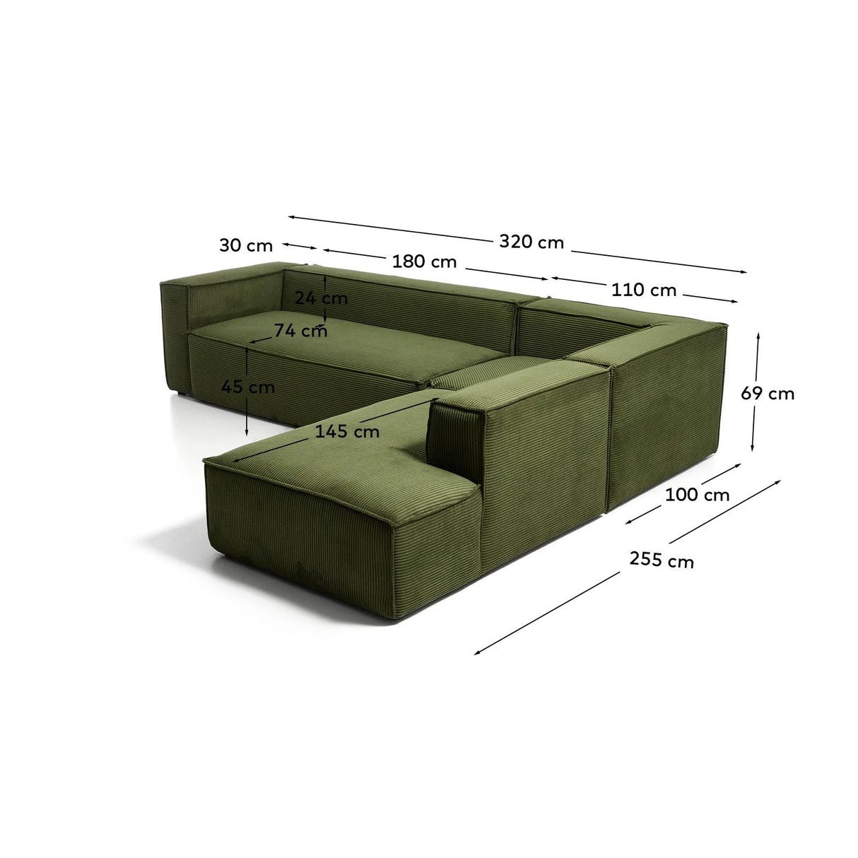 5-Sitzer-Ecksofa Blok mit Randmodul links in Cord oder Chenille, 320 x 255 cm, FSC Mix Credit von Kave Home – Bild 2