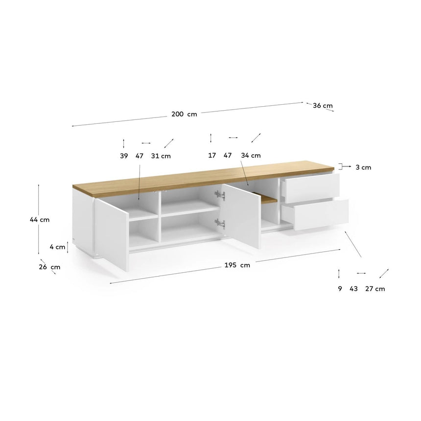 Abilen TV-Schrank 2 Türen 2 Schubladen Eichenfurnier weiße Lackierung 200 x 44 cm FSC 100% von Kave Home – Bild 5