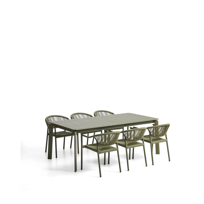 Ausziehtisch Brela aus Aluminium und 6 Stapelstühle Livadia aus Aluminium und grünem Kunststoffseil, 205 (287) x 100 cm von Kave Home – Bild 1