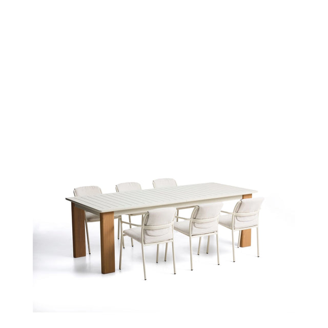 Ausziehtisch-Set Livorno aus Aluminium beige mit Holzoptik-Beinen und 6 Stapelstühlen Linosa aus Aluminium Ecru mit beigem Kissen 233(350)x100 cm von Kave Home – Bild 1
