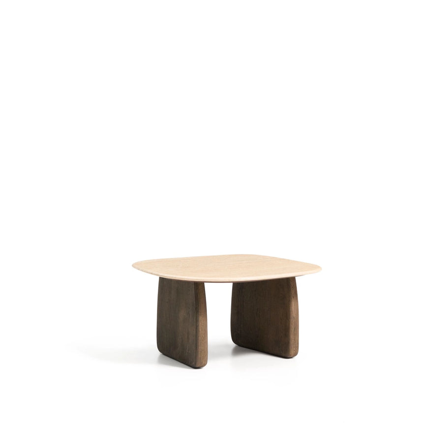 Beistelltisch Pirita aus beigem Travertin mit Beinen aus massivem Eichenholz, 71 x 70 cm, FSC 100 % von Kave Home – Bild 3