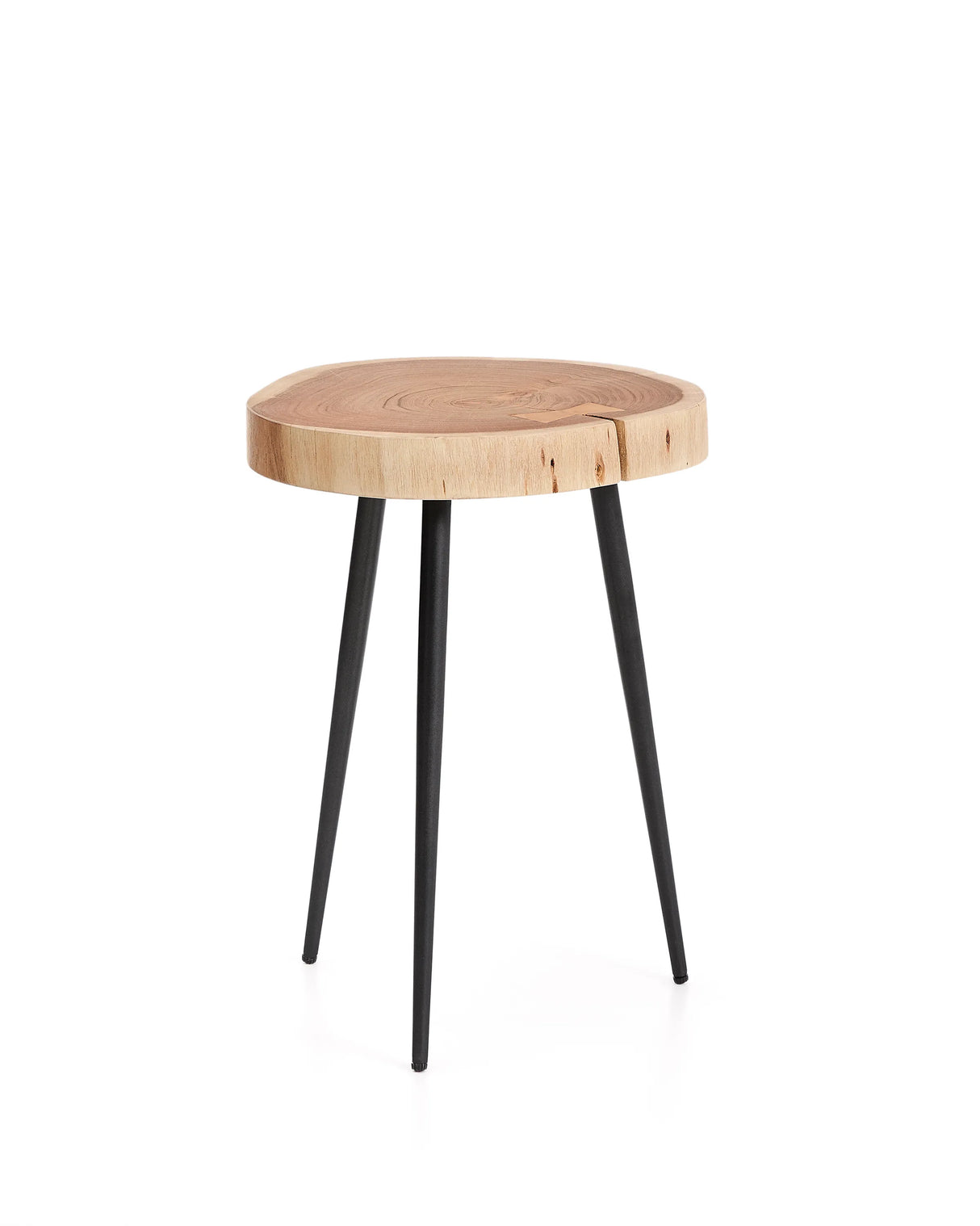 Beistelltisch Tanive aus massivem Akazienholz mit gebleichtem Finish und schwarzen Stahlbeinen Ø 35 cm von Kave Home – Produktbild 1