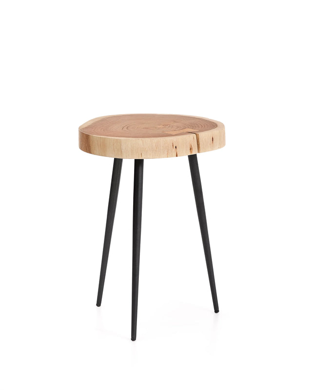 Beistelltisch Tanive aus massivem Akazienholz mit gebleichtem Finish und schwarzen Stahlbeinen Ø 35 cm von Kave Home – Produktbild 1