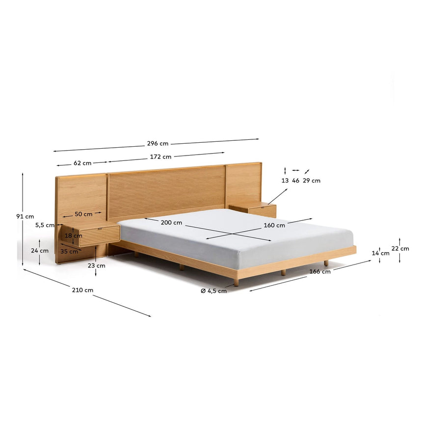Bett Norlen mit 2 Nachttischen aus Eichenfurnier mit naturfarbenem Finish und LED-Licht für Matratzen 160 x 200 cm FSC Mix Credit von Kave Home – Bild 4