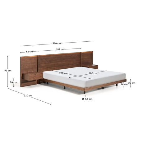 Bett Norlen mit zwei Nachttischen aus Nussbaumfurnier mit dunklem Finish und LED-Licht für Matratzen 180 x 200 cm FSC Mix Credit UK-Adapter von Kave Home – Produktbild 4