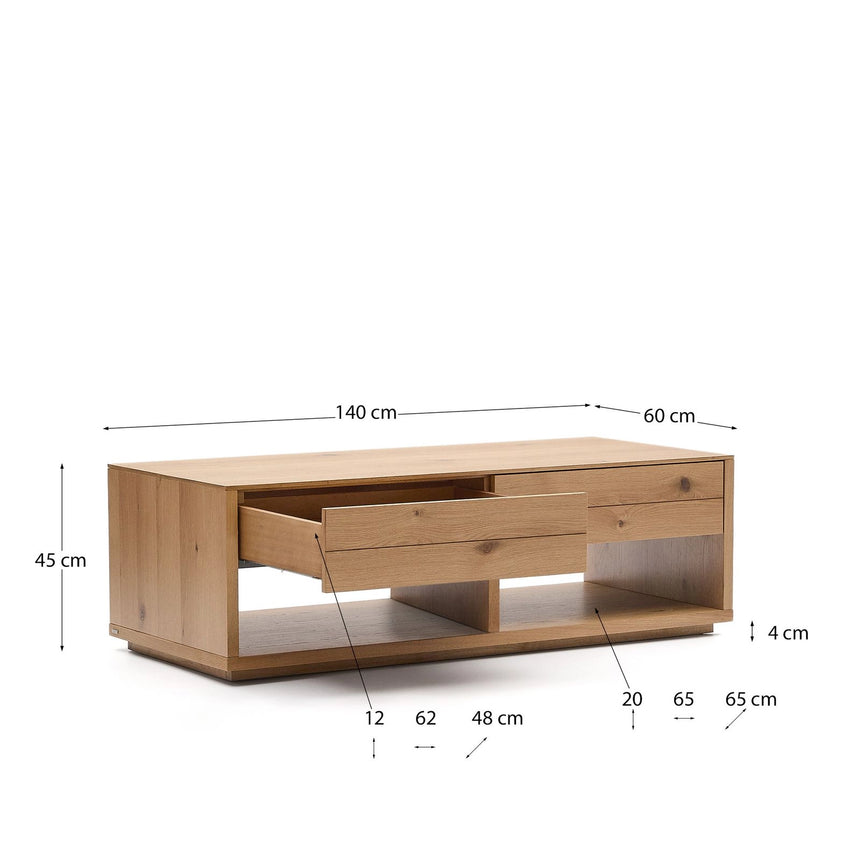 Couchtisch Alguema 2 Schubladen aus Eichenfurnier mit naturfarbenem Finish 140 x 60 cm von Kave Home – Bild 4