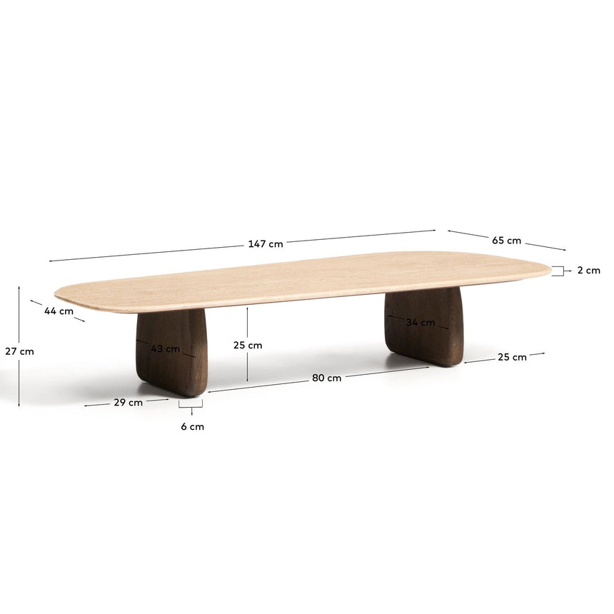 Couchtisch Pirita aus beigem Travertin mit Beinen aus massivem Eichenholz, 147 x 65 cm, FSC 100 % von Kave Home – Bild 2