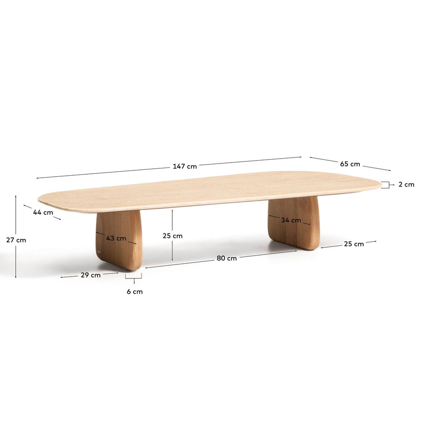 Couchtisch Pirita aus beigem Travertin mit Beinen aus massivem Eichenholz mit naturfarbenem Finish, 147 x 65 cm, FSC 100 % von Kave Home – Bild 9