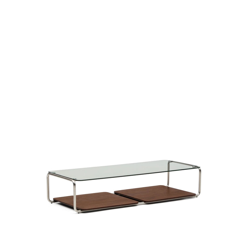 Couchtisch Tarsel aus gehärtetem Glas sowie Platte aus Nussbaumfurnier mit Gestell aus gebürstetem Edelstahl 140 x 60 cm von Kave Home – Bild 8