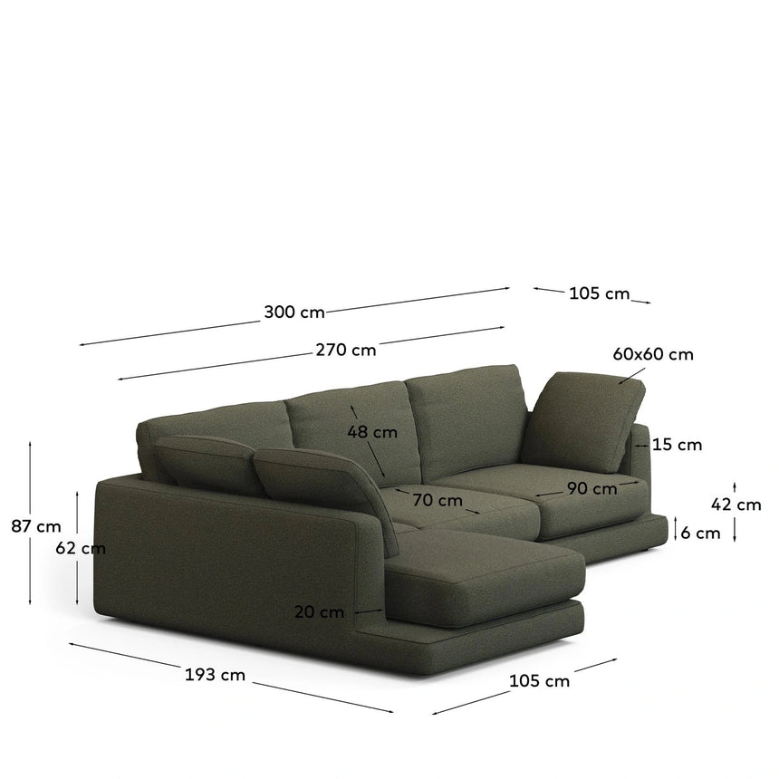 Gala 4-Sitzer-Sofa mit Chaiselongue links aus dunkelgrüner Chenille FSC Mix Credit 300 cm von Kave Home – Bild 3