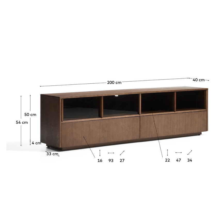 Helvine TV-Möbel mit 4 Türen und 2 Schubladen aus Eschenfurnier mit dunklem Nussbaum-Finish und gehärtetem Glas, 200 x 54 cm, FSC 100% von Kave Home – Bild 5