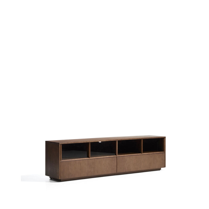 Helvine TV-Möbel mit 4 Türen und 2 Schubladen aus Eschenfurnier mit dunklem Nussbaum-Finish und gehärtetem Glas, 200 x 54 cm, FSC 100% von Kave Home – Bild 6