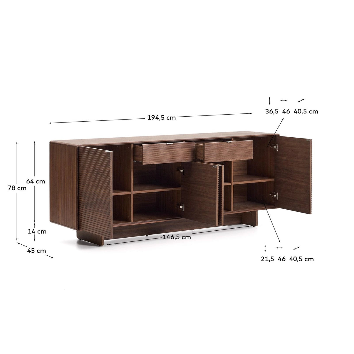 Highboard Norlen mit 4 Türen und 2 Schubläden in Nussbaumfurnier FSC Mix Credit 194,5 x 78 cm von Kave Home – Produktbild 8