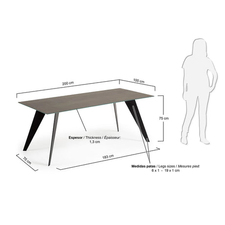 Koda Tisch aus Feinsteinzeug mit Iron Moss Finish und schwarzen Stahlbeinen  200 x 100 cm von Kave Home – Produktbild 5
