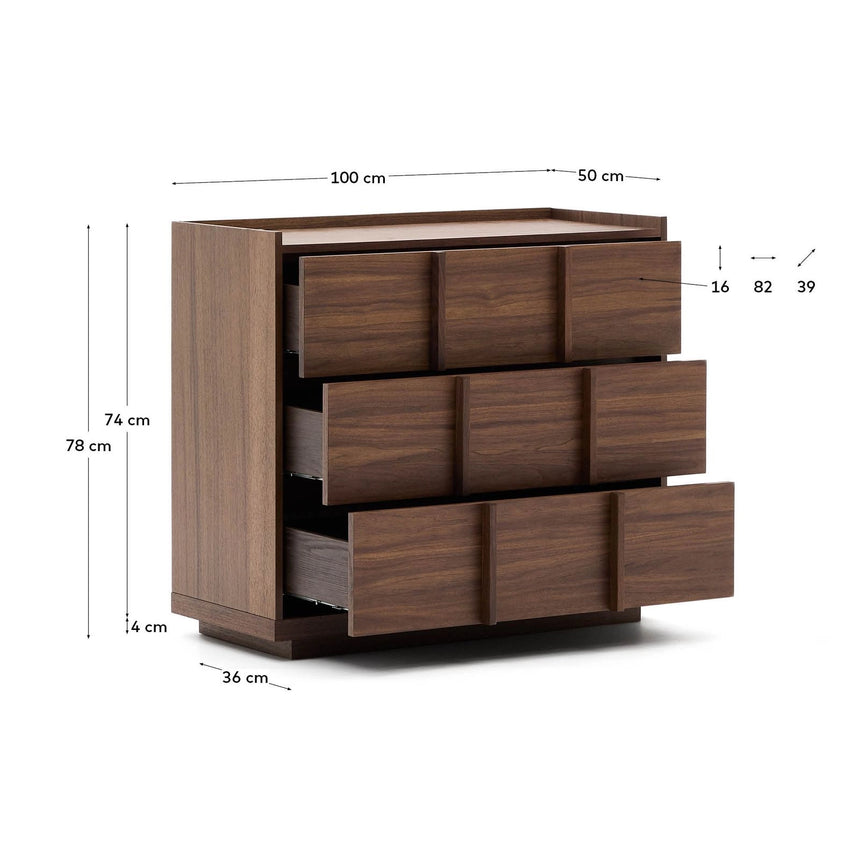 Kommode Onix 3 mit Schubladen aus Walnussfurnier dunkles Finish 100 x 78 cm FSC Mix Credit von Kave Home – Bild 4