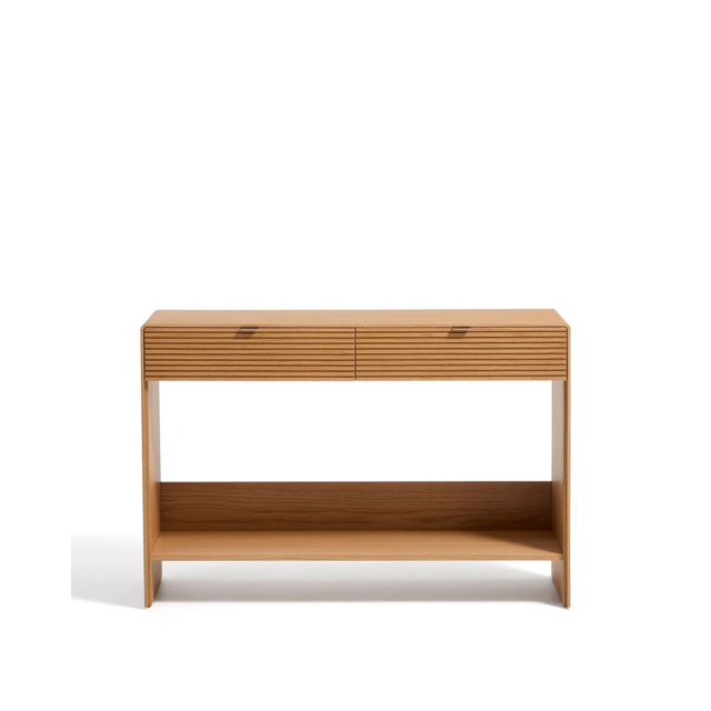 Konsolentisch Norlen mit 2 Schubladen und Regalboden in Eichenfurnier mit naturfarbenem Finish FSC Mix Credit 120 x 81 cm von Kave Home – Bild 1