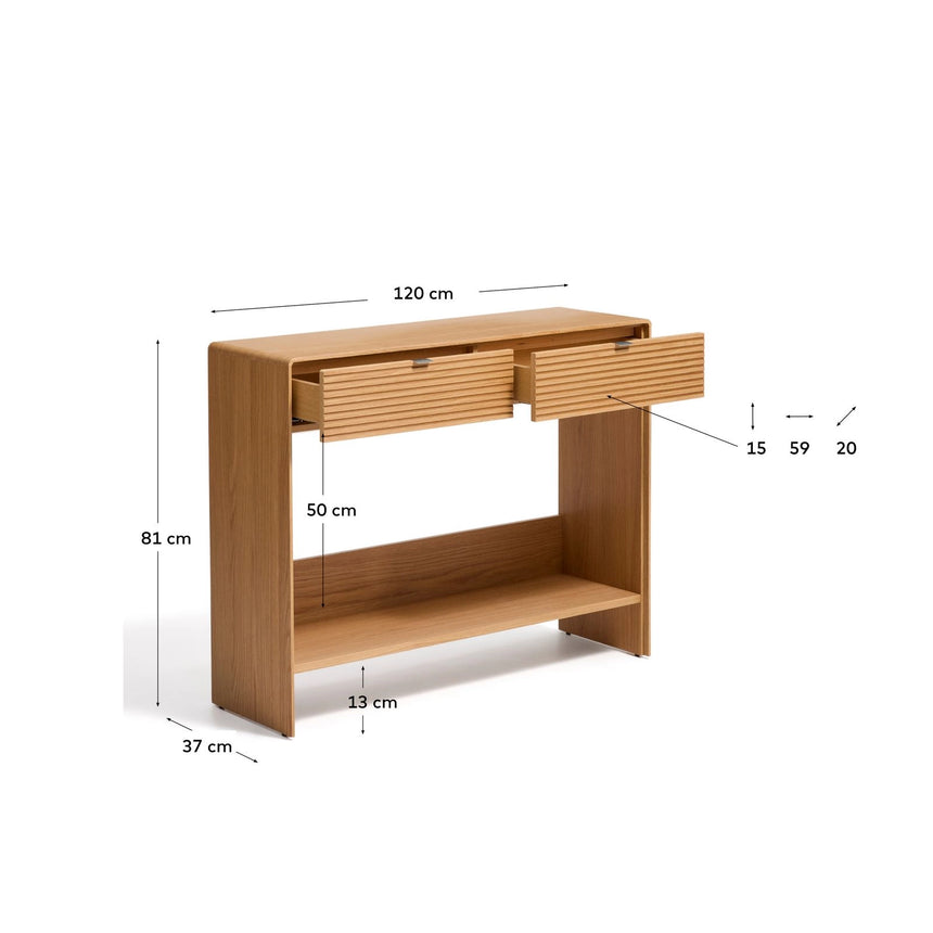Konsolentisch Norlen mit 2 Schubladen und Regalboden in Eichenfurnier mit naturfarbenem Finish FSC Mix Credit 120 x 81 cm von Kave Home – Bild 3