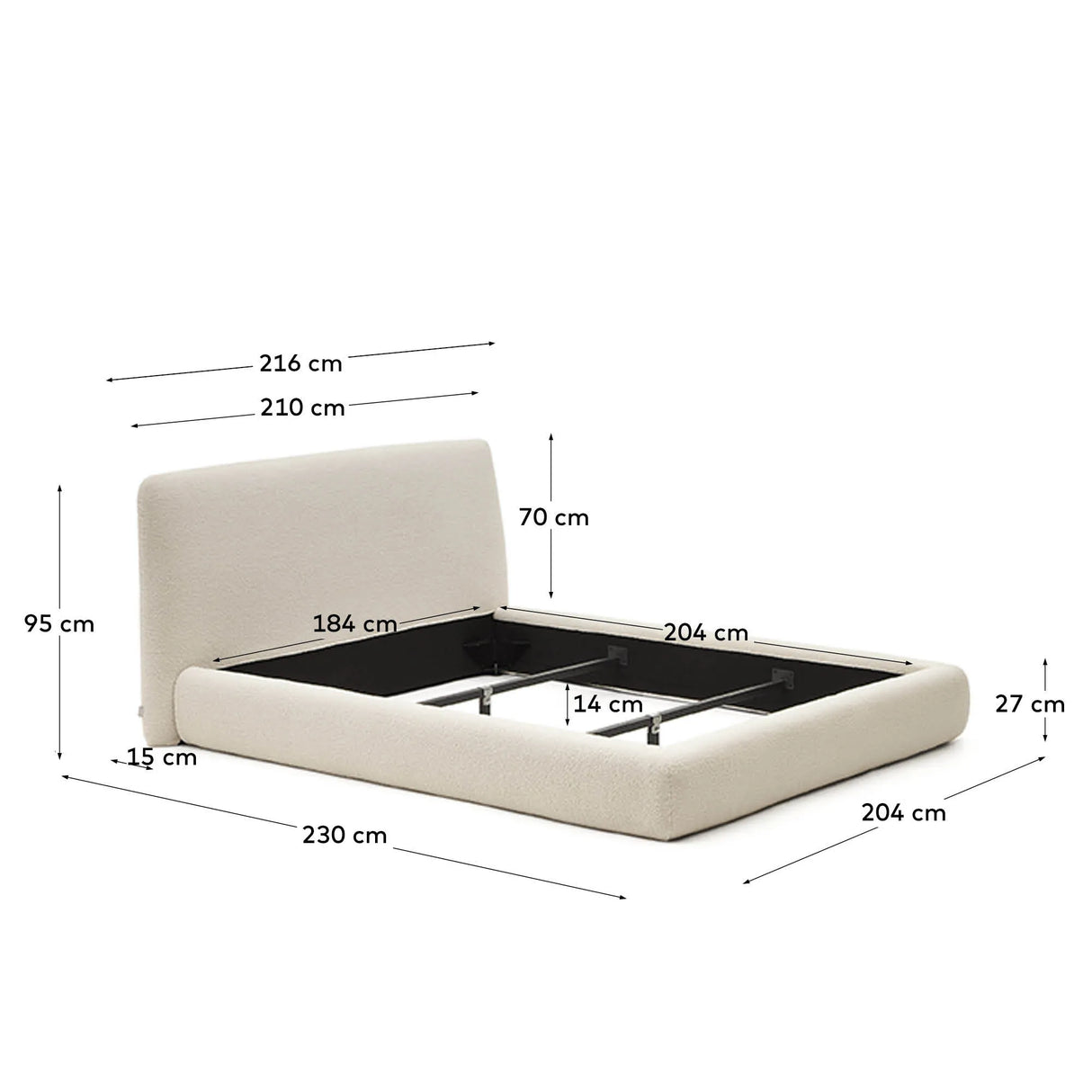 Martina Bett mit abnehmbarem Bezug aus Bouclé in Ecru für Matratze von 180 x 200 cm FSC Mix Credit von Kave Home – Produktbild 4
