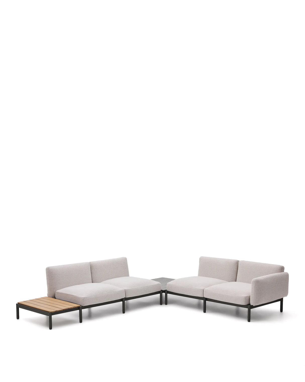 Modulares Outdoor-Ecksofa Sorells mit 4 Sitzplätzen mit beigefarbener Polsterung und grauem Aluminium, mit Tisch aus Teakholz, 353 x 316,5 cm, FSC 100 % von Kave Home – Produktbild 7