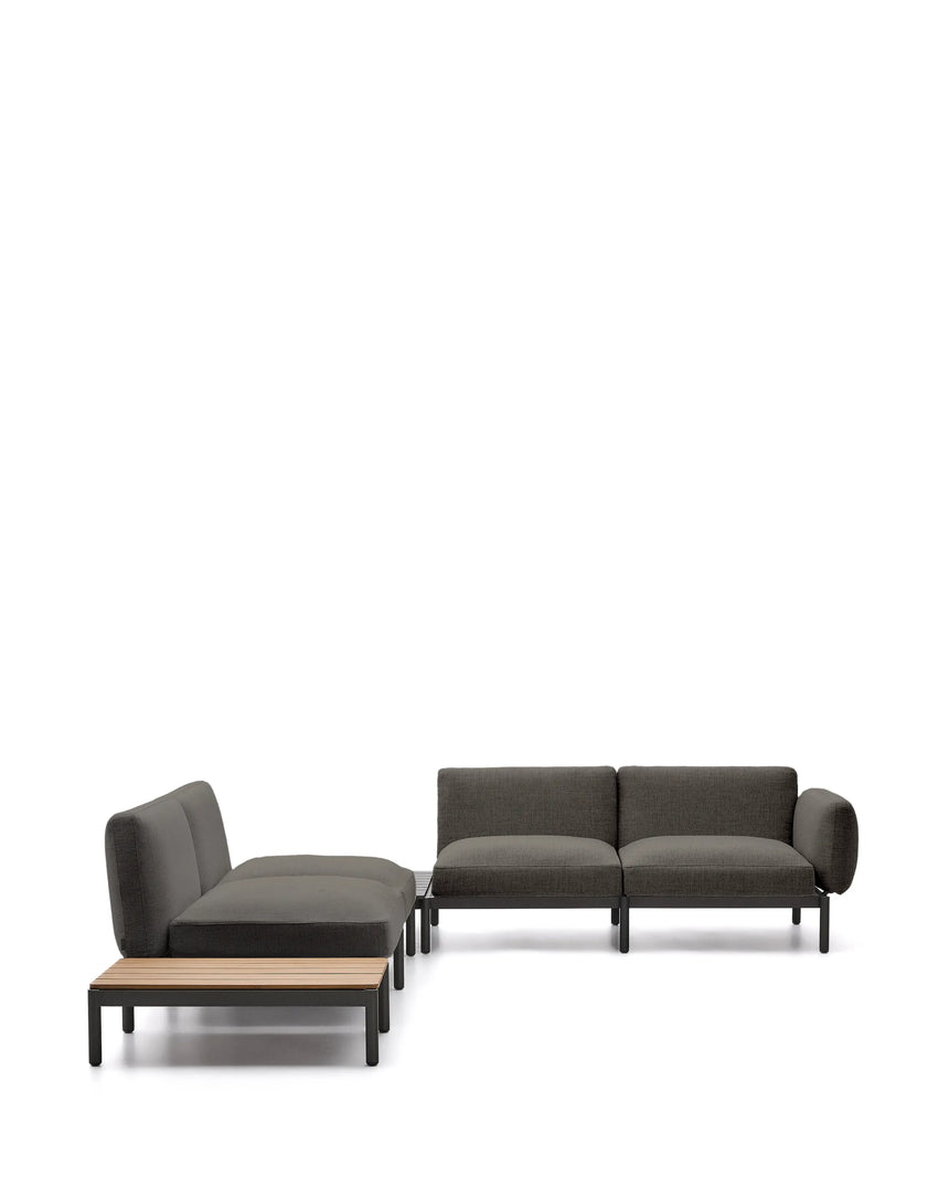 Modulares Outdoor-Ecksofa Sorells mit 4 Sitzplätzen mit grauer Polsterung und grauem Aluminium, mit Tisch aus Teakholz, 353 x 316,5 cm, FSC 100 % von Kave Home – Produktbild 5